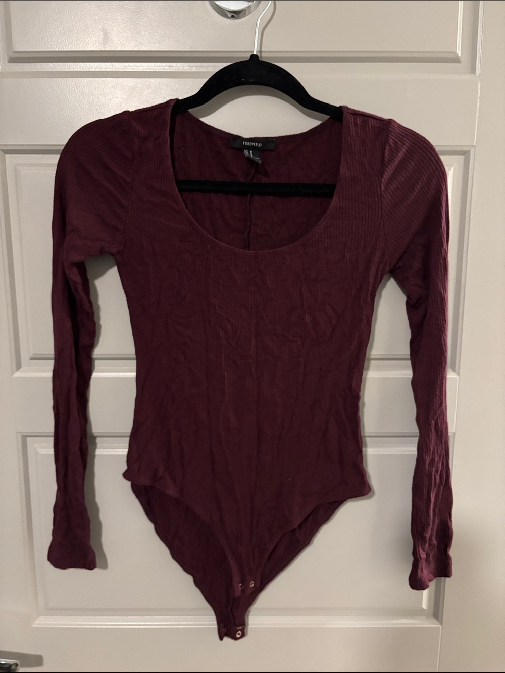 Forever 21 Women's Ribbed Scoop Neck Long Sleeve Bodysuit - Wine